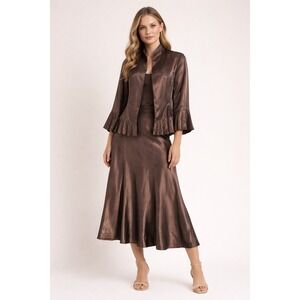 Vintage 90s Formal 2 Piece Skirt Suit Large Brown Satin Midi Open Front Jacket